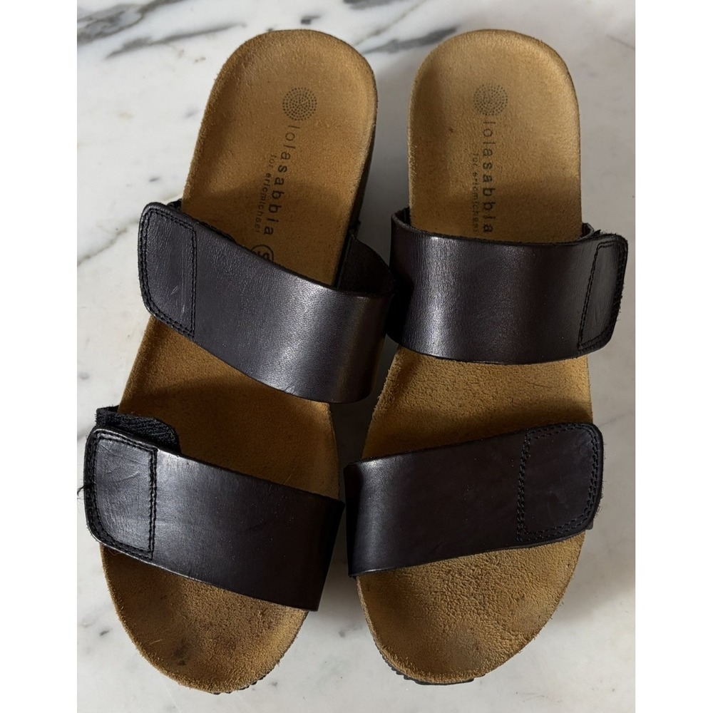 Lola Sabbia For Eric Michael Sandals 40 9 Black Leather Wedge Izzy Cork Heel